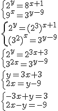 \begin{cases}
2^{y}=8^{x+1}\\ 
9^{x}=3^{y-9}
\end{cases}
\\
\begin{cases}
2^{y}=(2^{3})^{x+1}\\ 
(3^{2})^{x}=3^{y-9}
\end{cases}
\\
\begin{cases}
2^{y}=2^{3x+3}\\ 
3^{2x}=3^{y-9}
\end{cases}
\\
\begin{cases}
y=3x+3\\
2x=y-9
\end{cases}\\
\begin{cases}
-3x+y=3\\
2x-y=-9
\end{cases}