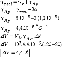 \gamma _{real}=\gamma _{r}+\gamma _{Ap}\\\gamma _{Ap}=\gamma _{real}-3\alpha \\\gamma _{Ap}=8.10^{-5}-3.(1,2.10^{-5})\\\gamma _{Ap}=4,4.10^{-5}\ ^{\circ}C^{-1}\\\\\Delta V=V_0.\gamma _{AP}.\Delta \theta \\\Delta V=10^3.4,4.10^{-5}.(120-20)\\\boxed {\Delta V=4,4\ \ell}