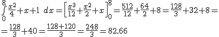 \int\limits_{0}^{8}\frac{x^2}{4} + x +1 \;dx = \left [ \frac{x^3}{12} + \frac{x^2}{2} + x \right]_0^{8} = \frac{512}{12} + \frac{64}{2} + 8 = \frac{128}{3} + 32 + 8  = \\\\ = \frac{128}{3} + 40 = \frac{128 +120 }{3} = \frac{248 }{3} = 82.66