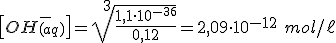 \left[OH^-_{(aq)}\right]=\sqrt[3]{\frac{{1,1 \cdot 10^{-36}}}{0,12}}=2,09 \cdot 10^{-12} \ mol/\ell
