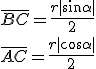 \overline{BC}=\frac{r|\sin\alpha|}{2}\\
\overline{AC}=\frac{r|\cos\alpha|}{2}