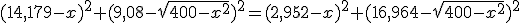 (14,179-x)^2+(9,08-\sqrt{400-x^2})^2=(2,952-x)^2+(16,964-\sqrt{400-x^2})^2