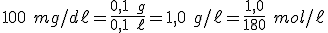 100 \ mg/d\ell=\frac{0,1 \ g}{0,1\ \ell}=1,0 \ g/\ell=\frac{1,0}{180}\ mol/\ell