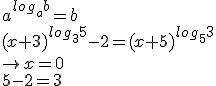 a^{log_{a}b}=b \\ \\ \\ 

(x+3)^{log_{3}5}-2=(x+5)^{log_5{3}} \\ \\ \\

\rightarrow x=0 \\ \\  \\
5-2=3