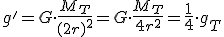 g'=G \cdot \frac{M_T}{(2r)^2}=G\cdot \frac{M_T}{4r^2}=\frac{1}{4}\cdot g_T