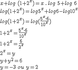 x+log\, \, (1+2^{x})=x\, .\, log\, \, 5+log\, \, 6\\\\log(1+2^x)=log5^x+log6-log10^x\\\\log(1+2^x)=log(\frac{5^x\cdot 6}{10^x})\\\\1+2^x=\frac{5^x\cdot 6}{10^x}\\\\1+2^x=\frac{6}{2^x}\\\\2^x=y\\\\y+y^2=6\\\\y=-3\,\,ou\,\,y=2